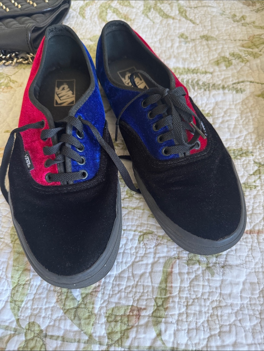 Vans Black Velvet Low-Top Sneakers with Blue & Red Panels